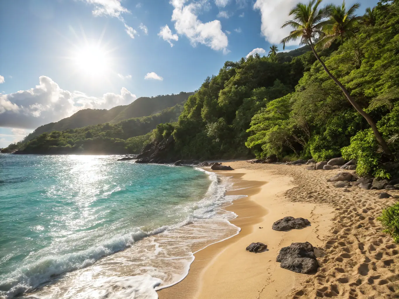 A pristine, secluded beach with crystal-clear turquoise water and white sand, showcasing the exclusivity and tranquility of private beach access in St. Croix.