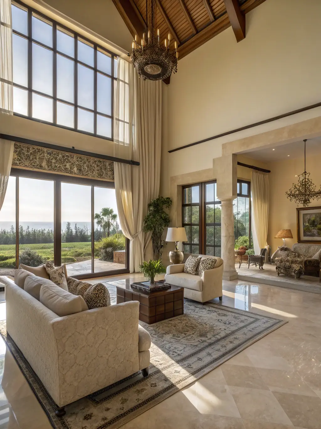 A spacious and elegantly designed villa living room with floor-to-ceiling windows showcasing panoramic ocean views, comfortable seating, and stylish decor, emphasizing the refined design and comfort of the villas.