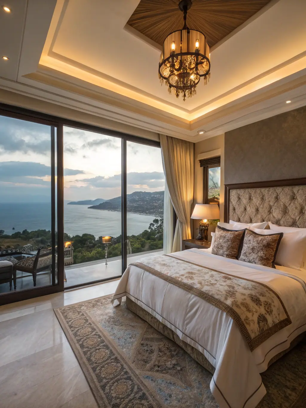 A photograph of the master suite at Love St. Croix Villa, showcasing the king-size bed, ocean view, and private balcony.