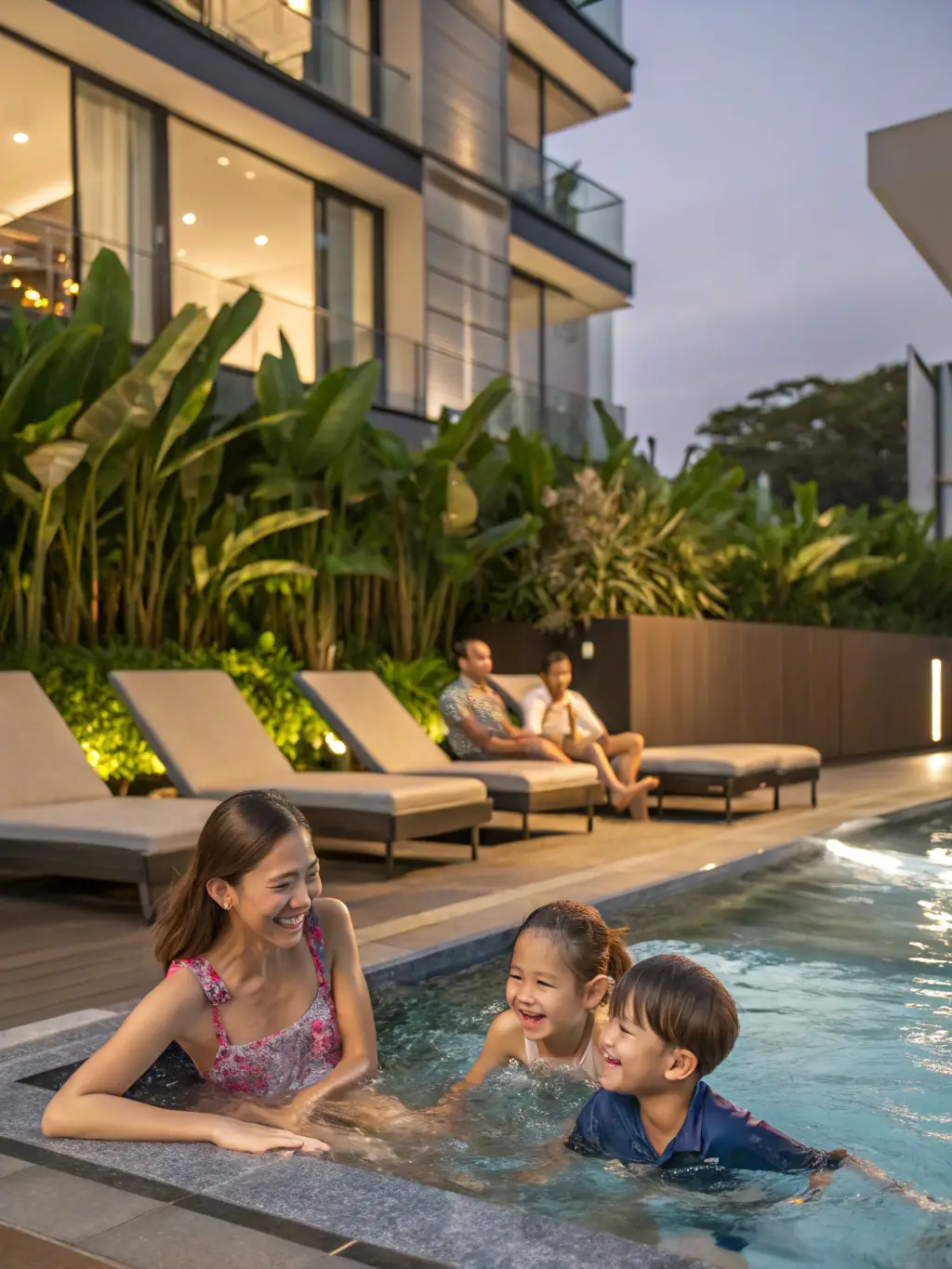 A family laughing and playing together in the private pool of a spacious villa in St. Croix. The villa has a lush garden and a view of the Caribbean Sea.