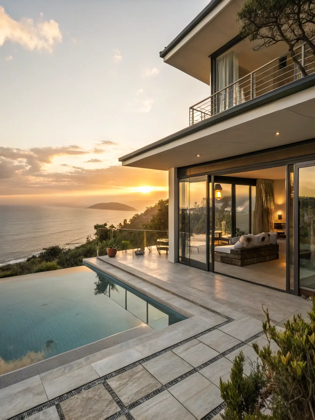 A luxurious villa with a private infinity pool overlooking the ocean, set up for a small, intimate wedding reception.