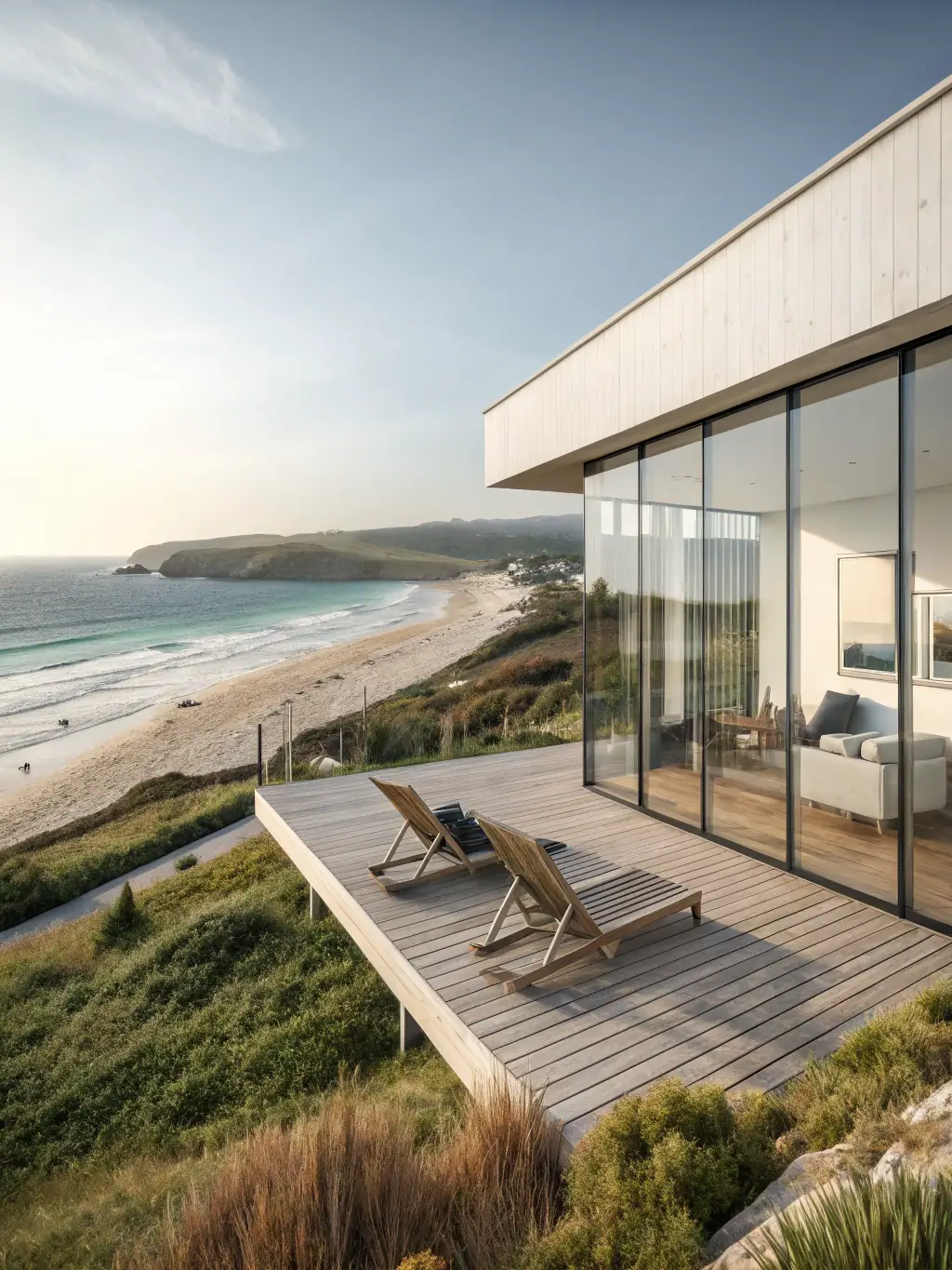 A modern coastal villa with floor-to-ceiling windows offering panoramic ocean views, highlighting its contemporary design and beachfront access.