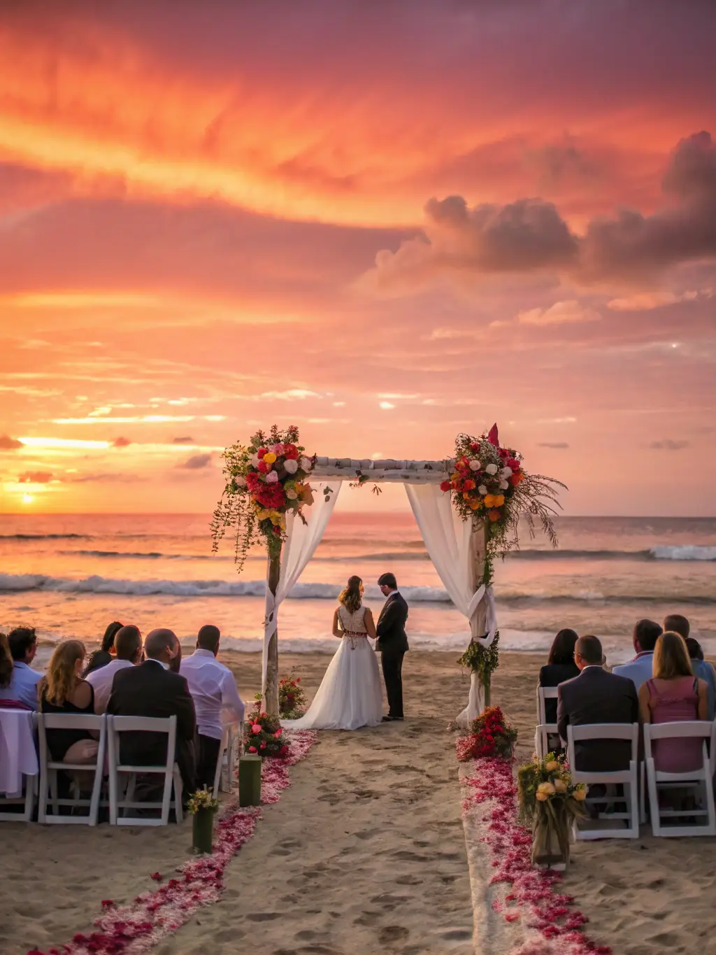 A beautifully decorated wedding arch overlooking the turquoise Caribbean Sea at sunset, with a happy couple exchanging vows.