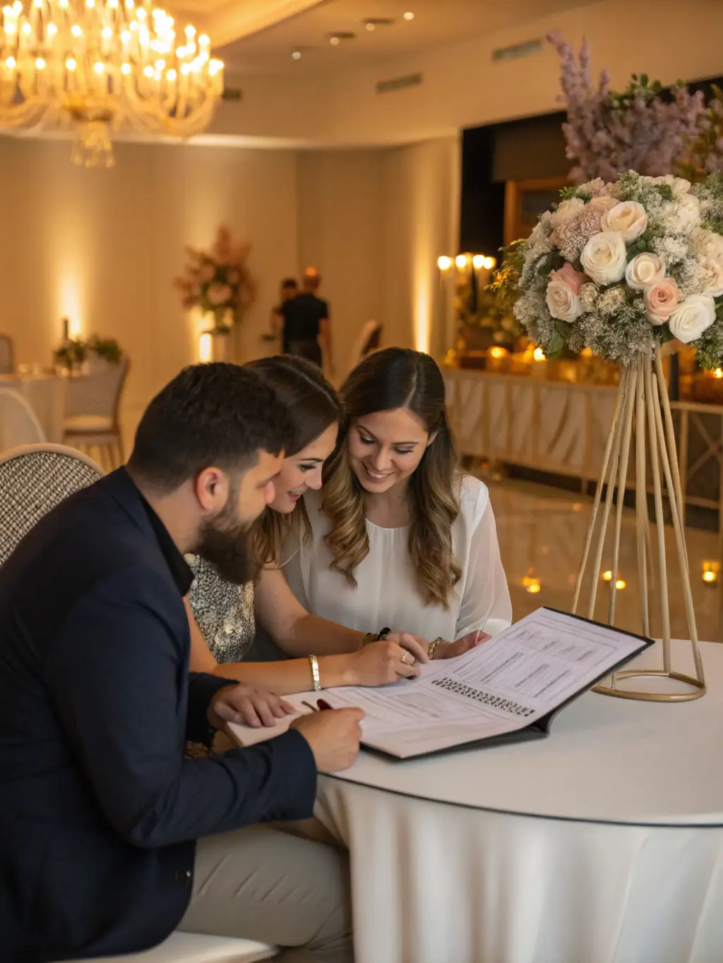 A wedding planner consulting with a couple, reviewing options for floral arrangements and table settings.