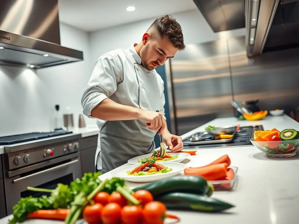 A private chef preparing a gourmet meal in the kitchen of a luxury villa, showcasing fresh, local ingredients and elegant presentation, with the ocean visible through the window.