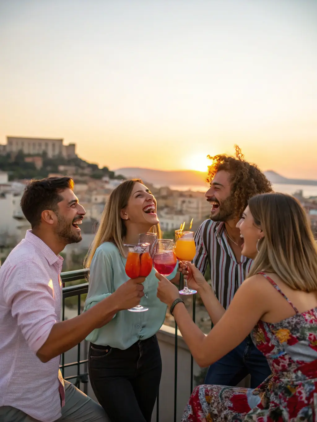 A group of friends toasting with cocktails on the terrace of a luxury villa, overlooking the Caribbean Sea at sunset in St. Croix. The atmosphere is festive and relaxed.